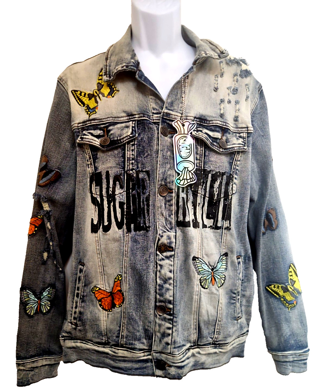 Sugarhill Butterfly Embroidered Denim Jacket L- NWT Defect MSRP 185$